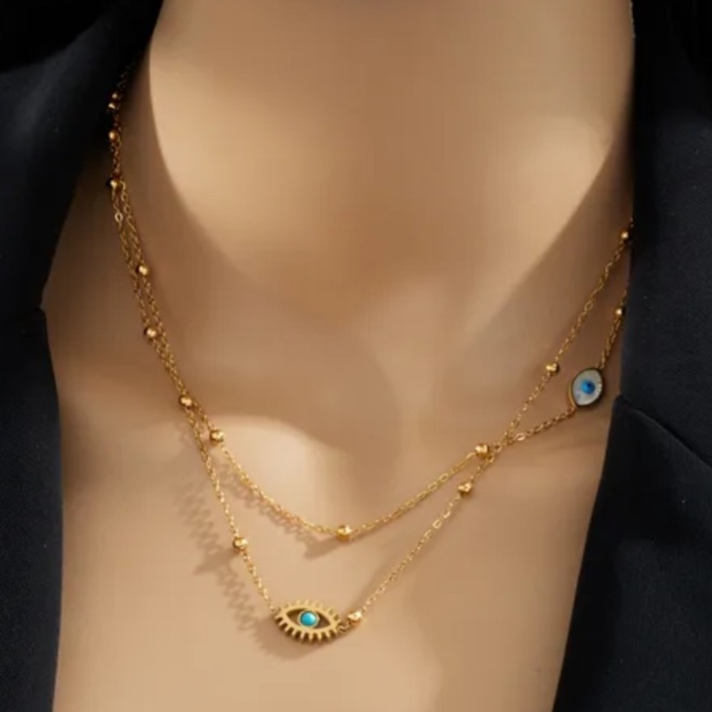 New 304 Stainless Steel Double chain Gold Evil Eye Necklace with Gold Heart
